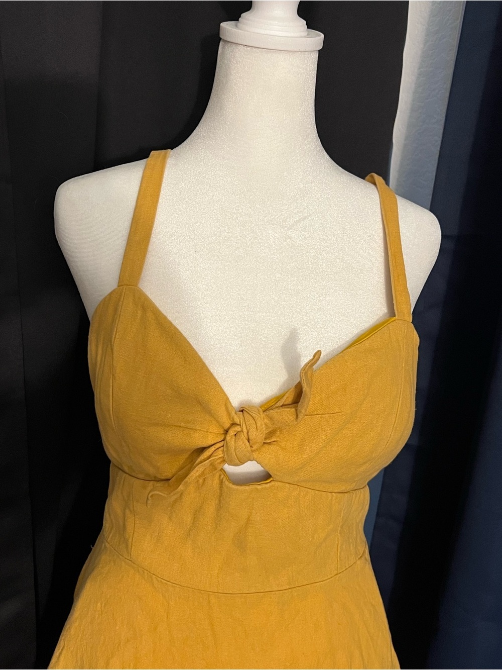 Mustard Yellow Knot Front Mini Dress Women’s Medium Cutout Fit & Flare Sundress - Picture 2 of 7